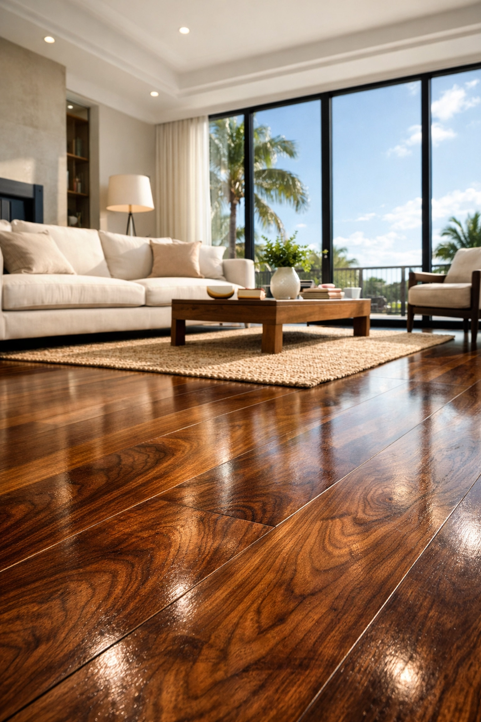 Dark walnut hardwood flooring in a sunlit Orlando living room renovation with a modern aesthetic.