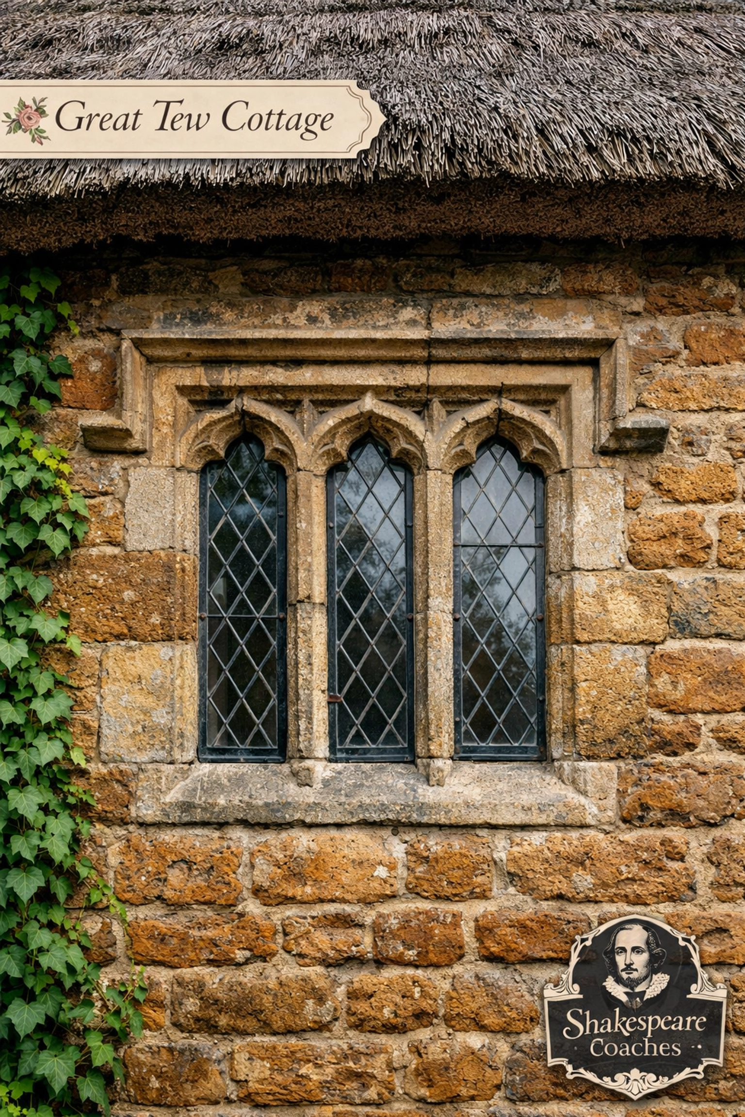Close-up of a gothic mullioned window and golden ironstone masonry in Great Tew.