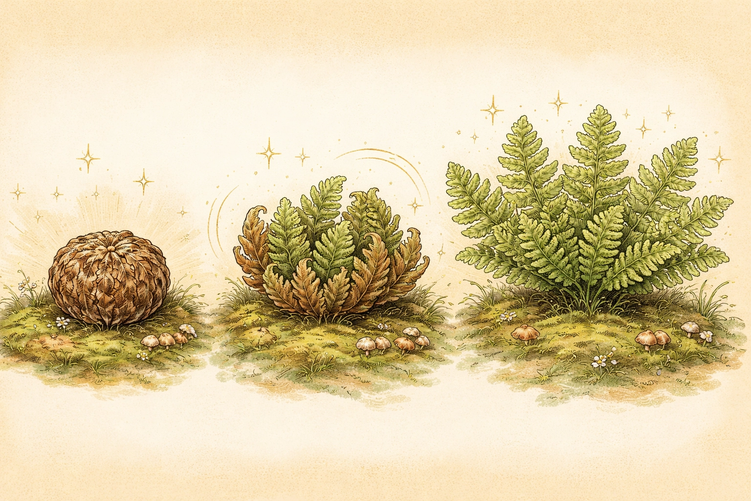 Three stages of a resurrection fern unfurling, demonstrating the plant's unique transformation process for kids.