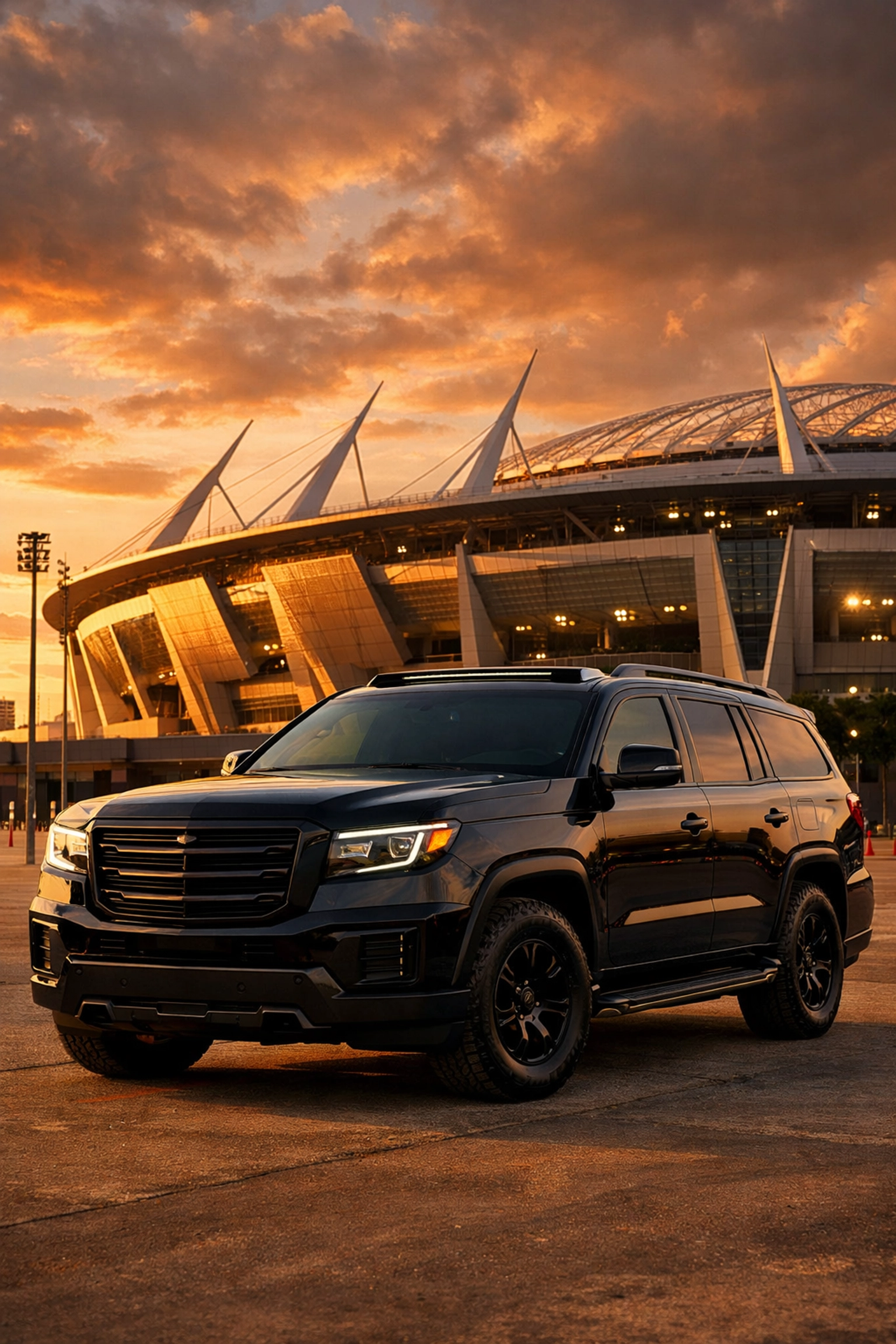 Armored luxury SUV providing secure executive transportation at Super Bowl 2026 stadium