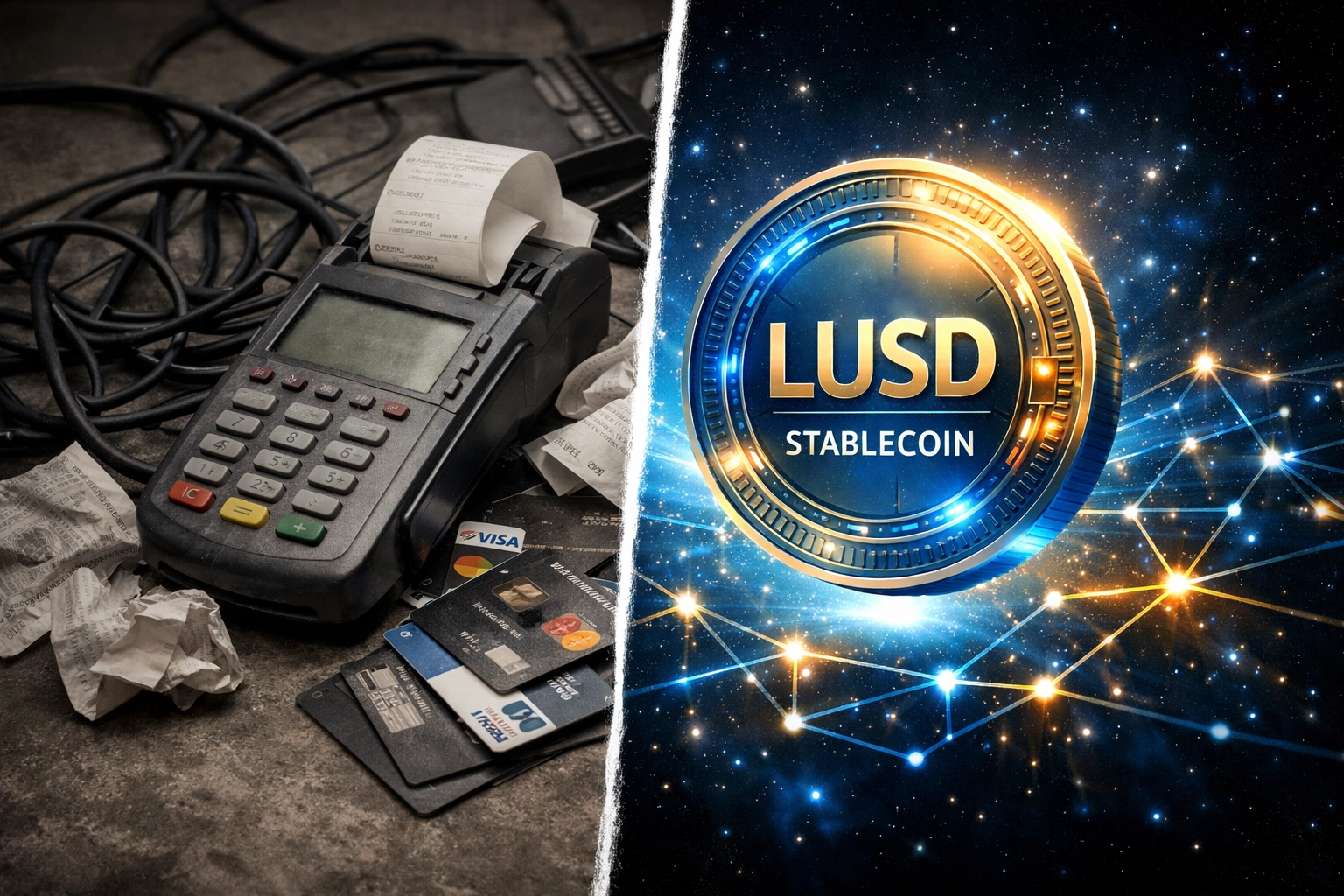 LUSD stablecoin payment system compared to traditional payment terminals showing crypto advantage