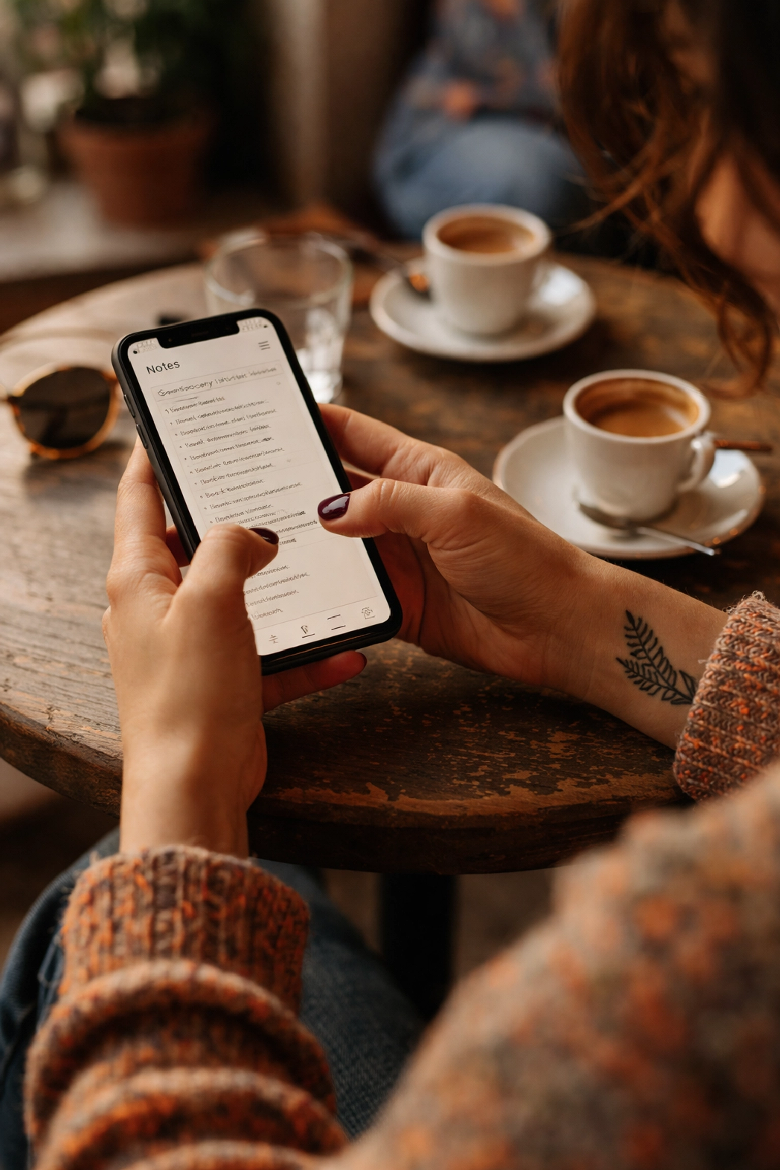 Hands holding a smartphone notes app at a cafe, representing documenting BDSM negotiation and boundaries.