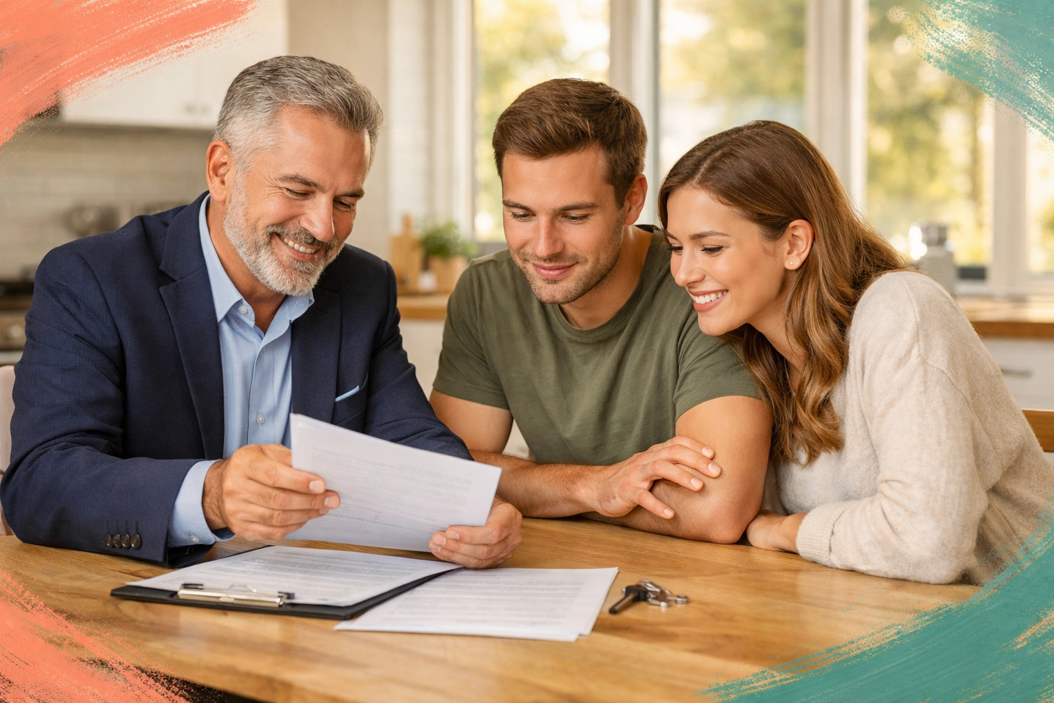Real estate agent meeting with couple at kitchen table reviewing home transaction documents