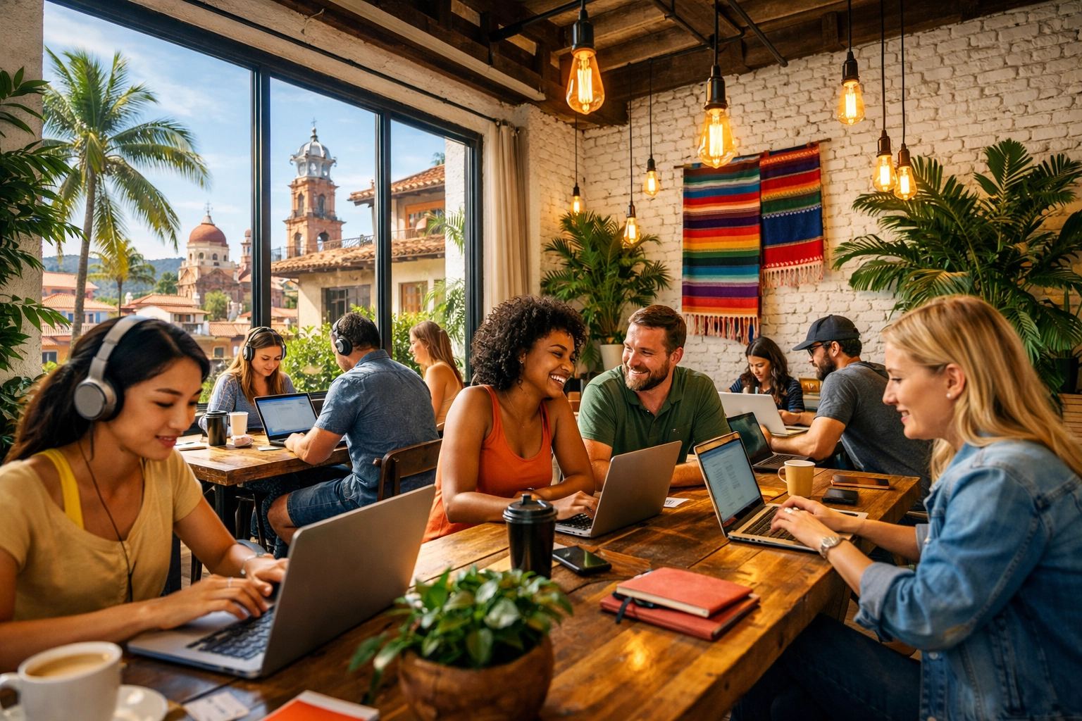 Coworking space in Puerto Vallarta Old Town with remote workers and laptops