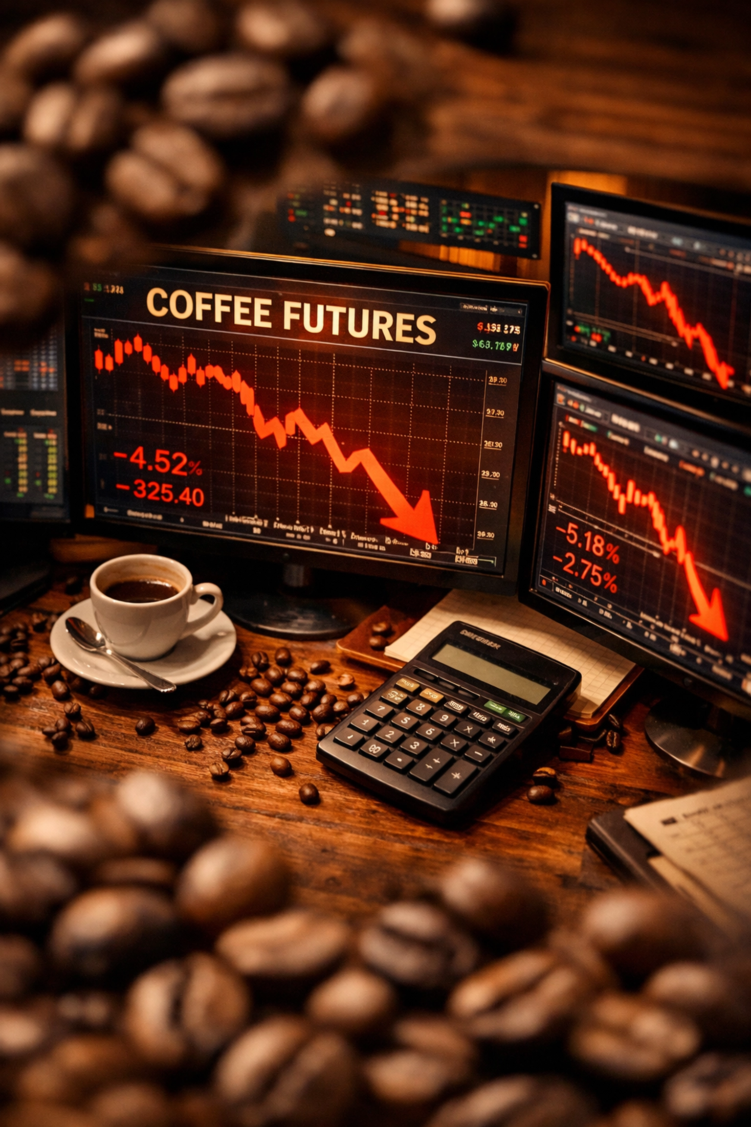 Coffee futures trading charts showing arabica price decline to $3.20 per pound