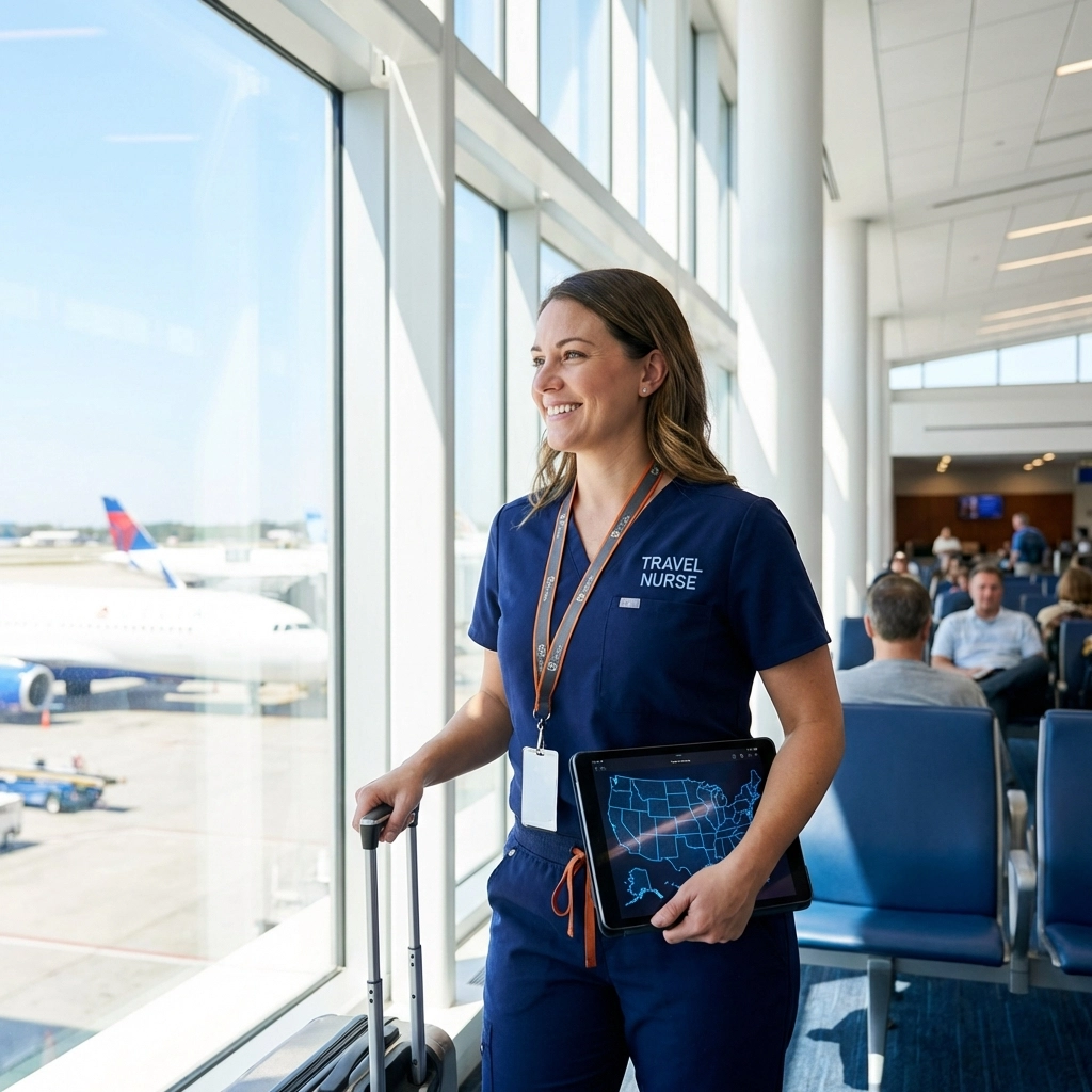 Confident female travel nurse in scrubs at airport, representing mobility and multi-state travel nursing opportunities in 2026.
