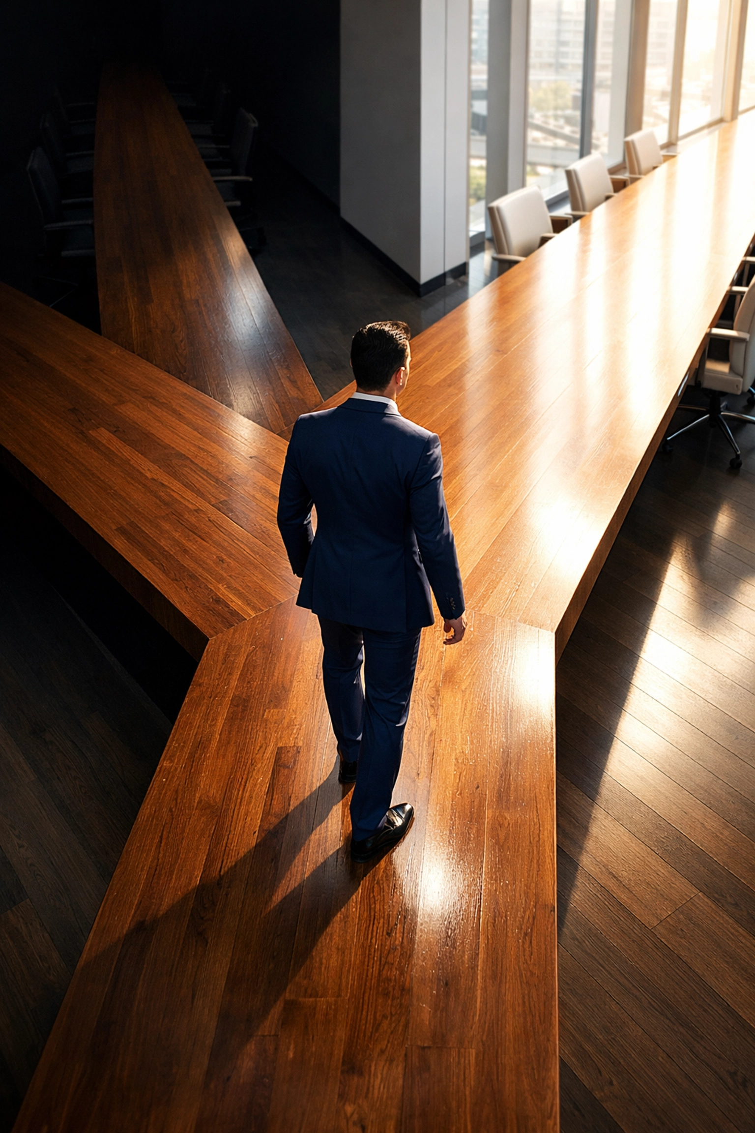 Business owner choosing between small safe goals and ambitious growth path in modern office