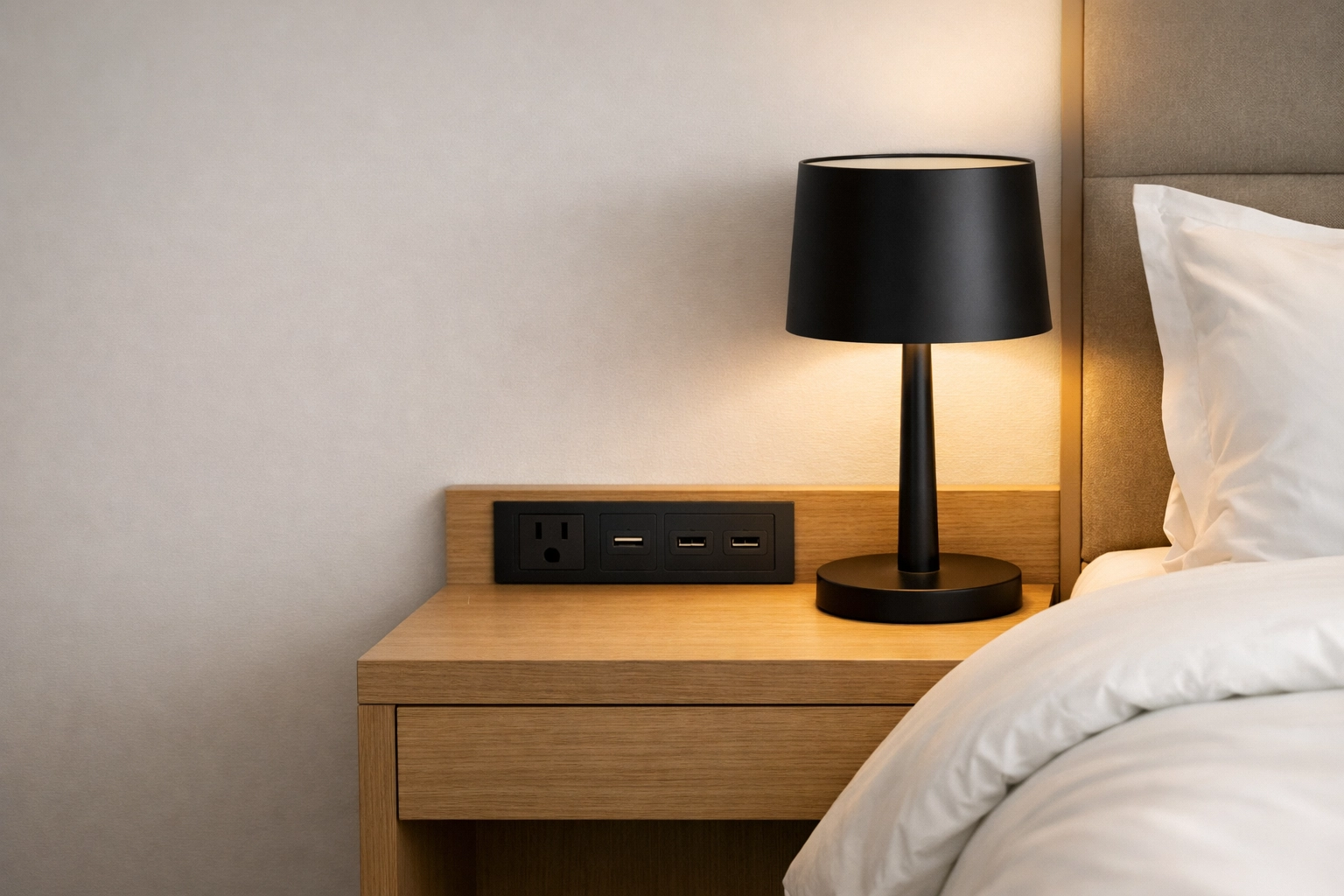 Upgraded hotel amenities including a modern nightstand and USB-C power hub in a conversion brand room.