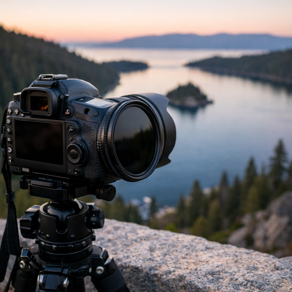 Professional camera and tripod setup for sunrise landscape photography at an Emerald Bay overlook.