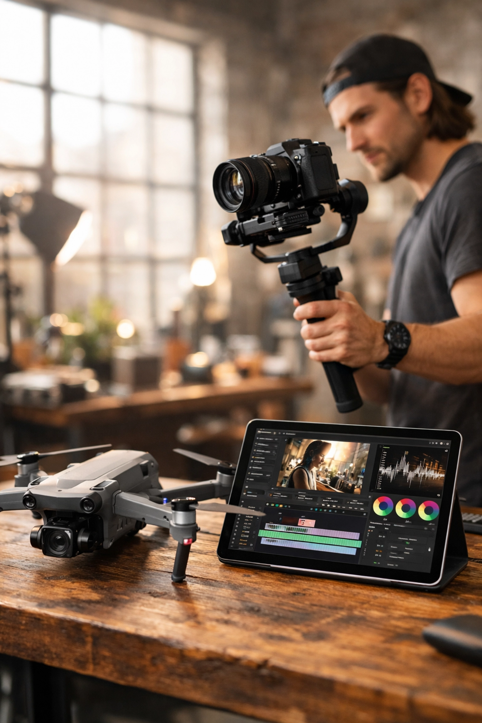 Professional photographer using a gimbal and drone to manage a high-end photography booking experience.