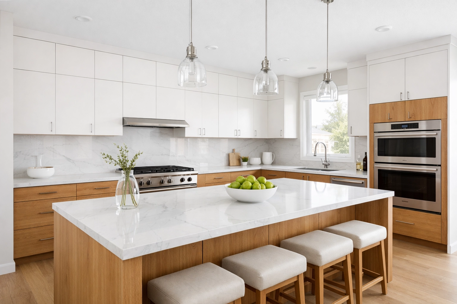 Stunning two-tone kitchen cabinet makeover in Saskatoon featuring modern white and oak refaced cabinets.