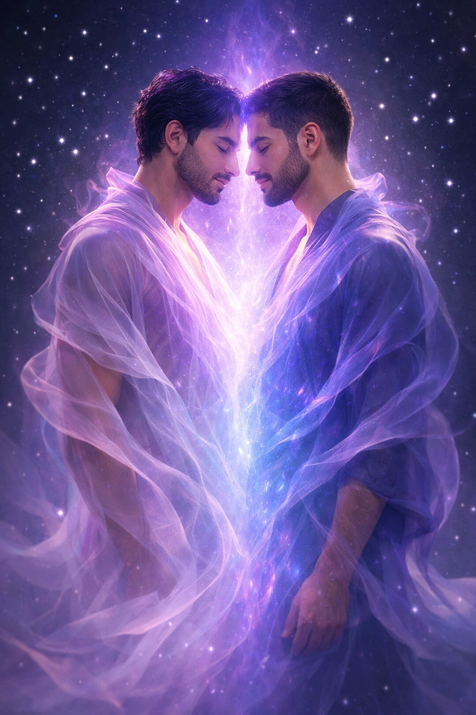 Men merging in a cosmic silhouette, representing spiritual union and the depth of ancient gay love stories.