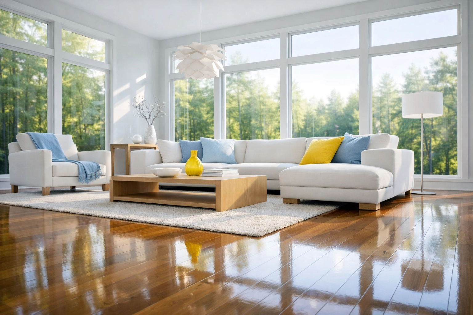 Pristine Montgomery living room with polished hardwood floors from a professional weekly cleaning service.