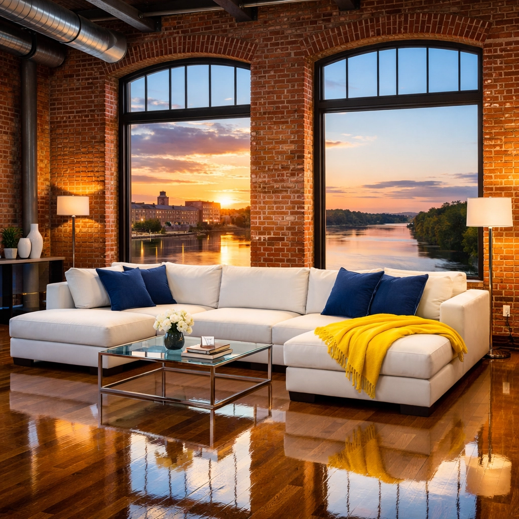 Impeccably clean modern loft in a Lowell mill highlighting the benefits of professional house cleaning Lowell MA.