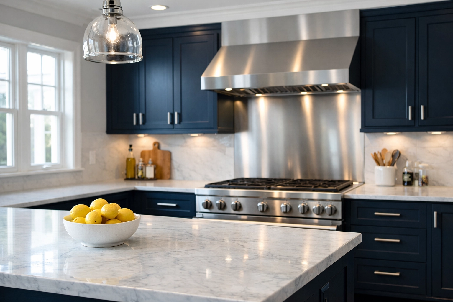 Sparkling clean Groton MA kitchen with white marble counters after move-out cleaning.