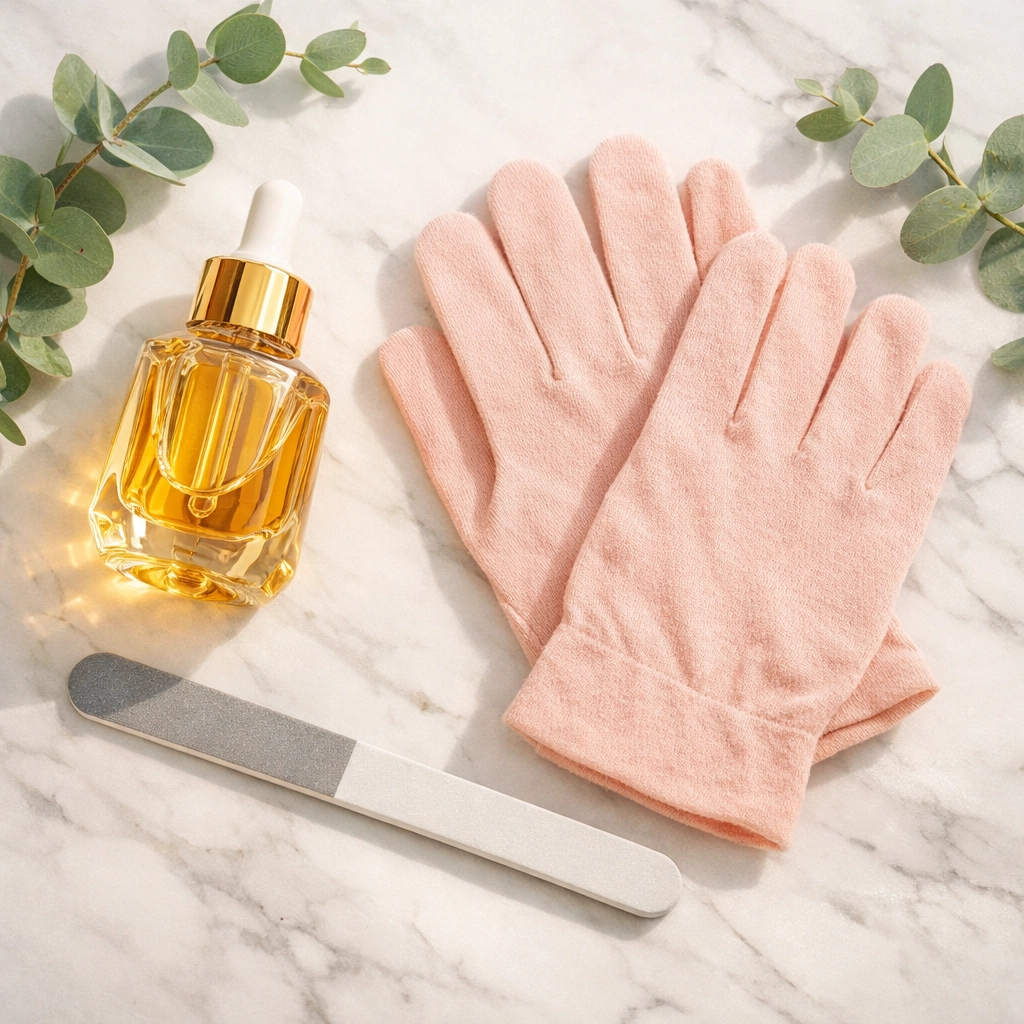 Luxury nail care essentials including cuticle oil and tools for Japanese gel maintenance