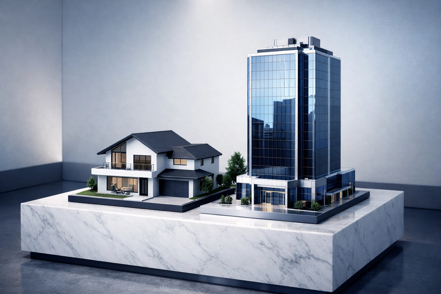 Maquetas de casa y oficina representando la protección patrimonial y soluciones de seguros de Grupo RiskPro.