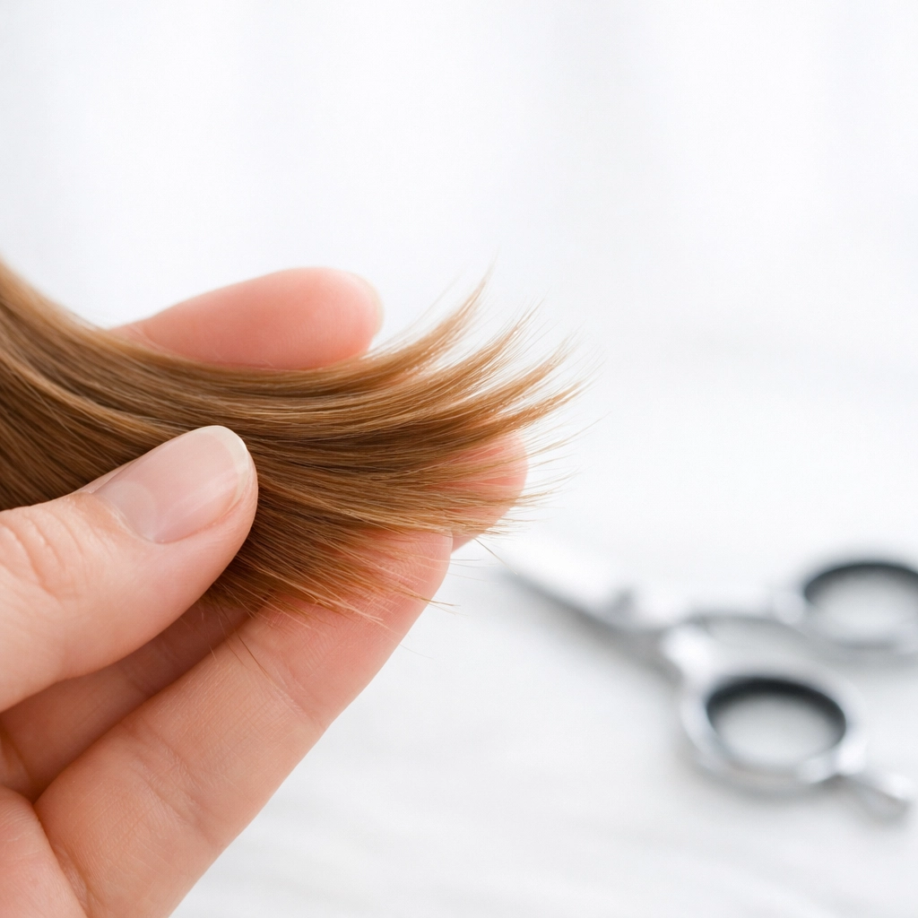 Healthy hair ends without split ends next to scissors for regular trim maintenance