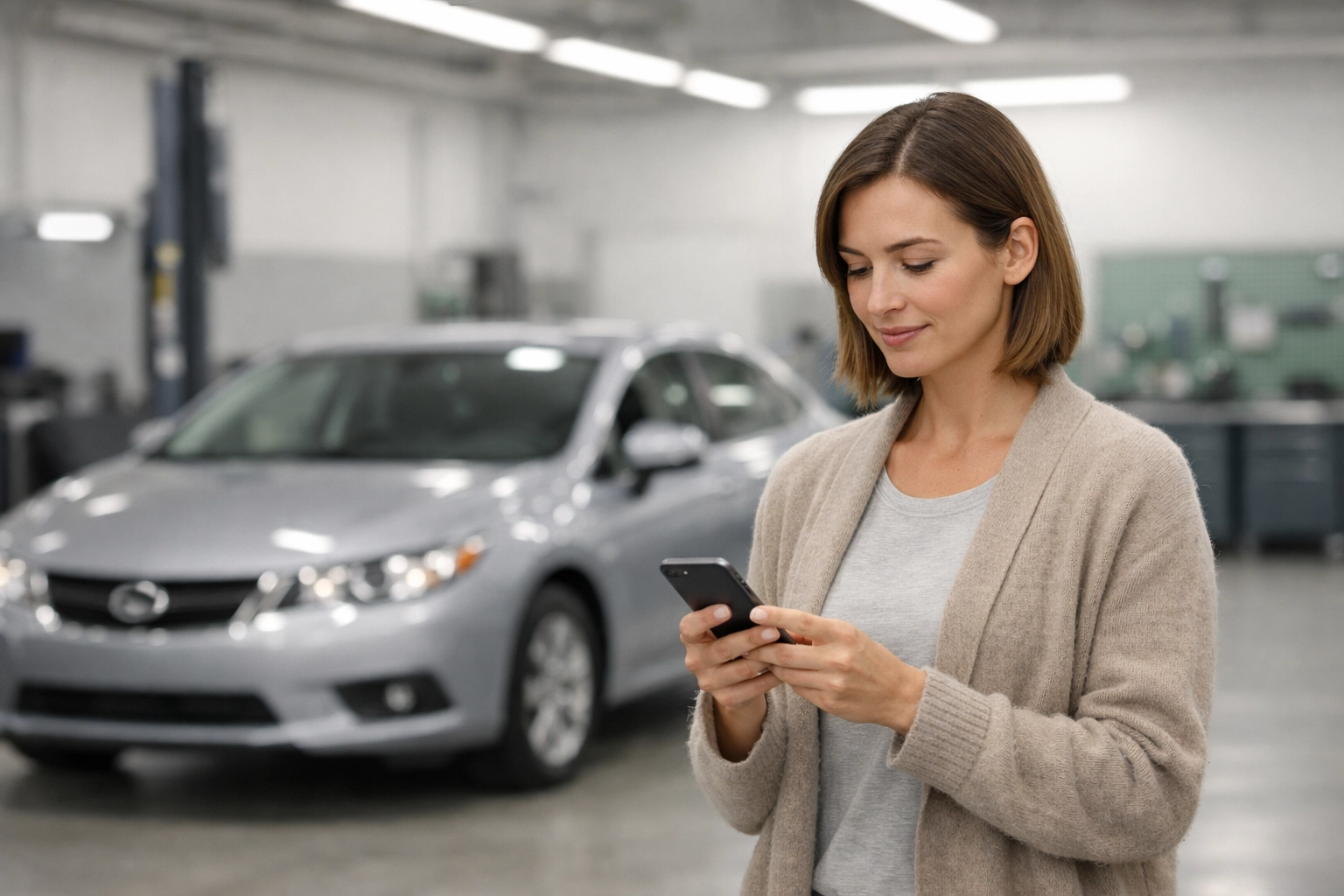 Calm individual at an auto repair shop using their phone to secure bad credit loans in Toronto.