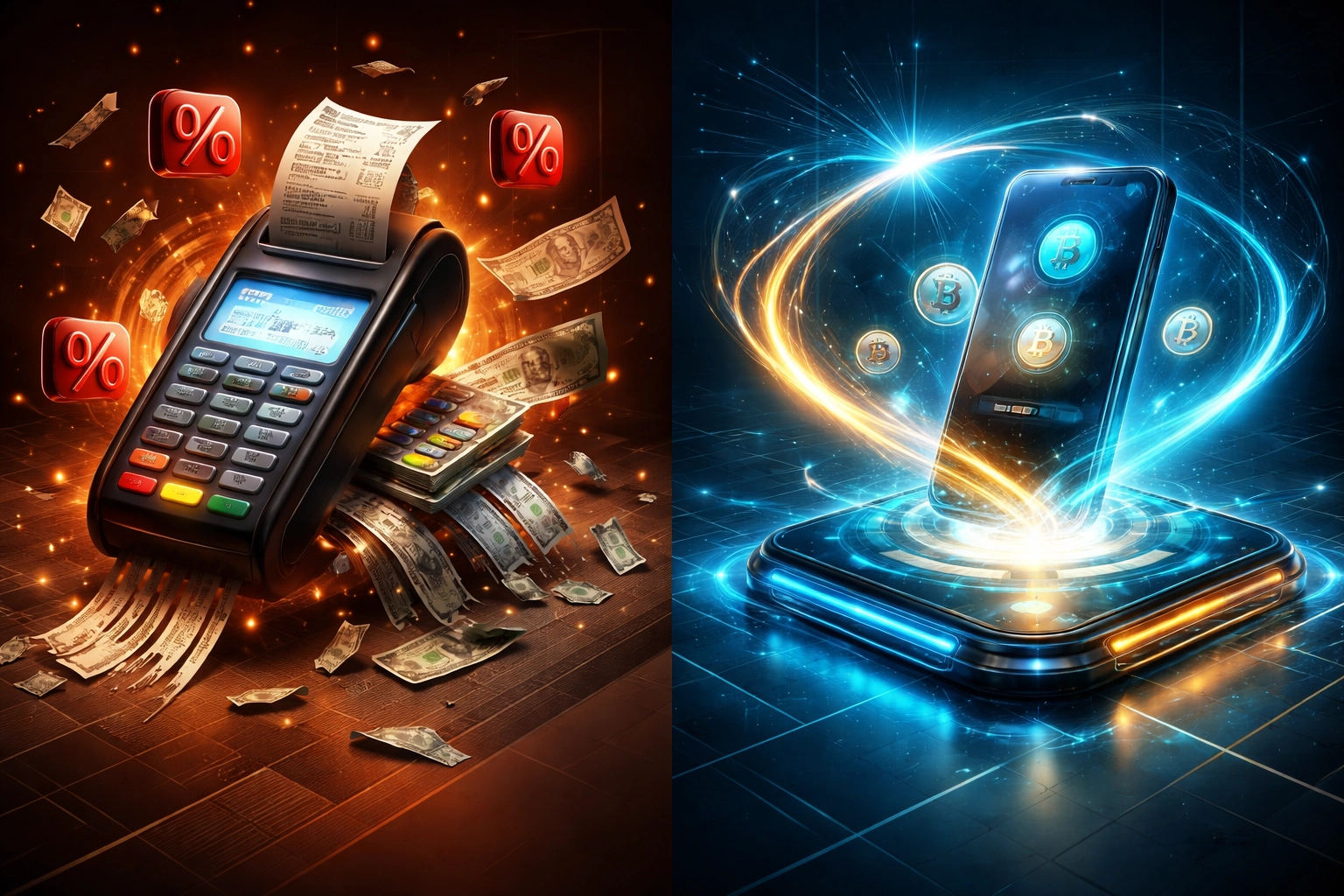 Payment processing comparison showing high-fee legacy terminals versus efficient crypto payments for Web3 solutions