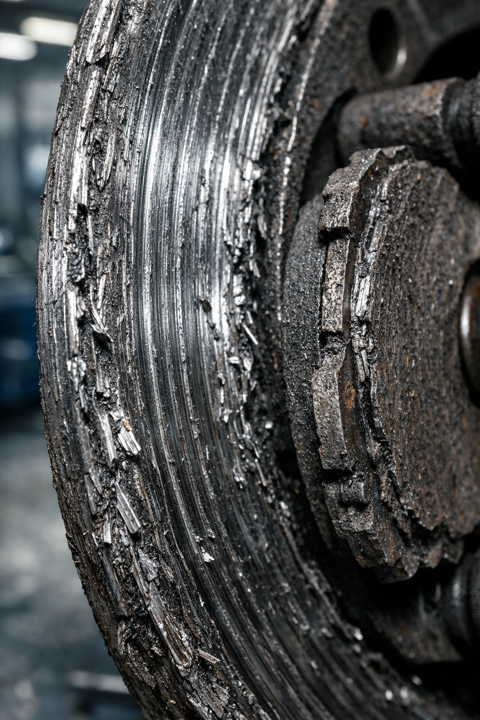Damaged automotive brake rotor with deep grooves and metal shavings indicating critical wear.