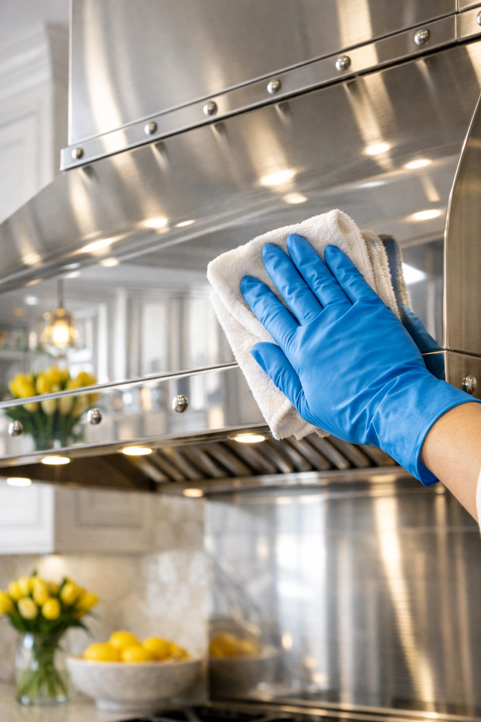 Professional deep cleaning Carlisle service featuring a polished kitchen range hood in a luxury home.