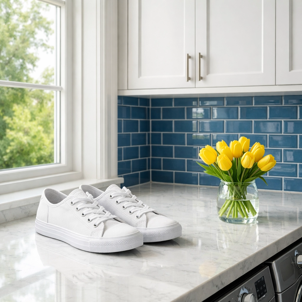 Freshly washed white sneakers air-drying on a laundry room counter to maintain footwear quality.