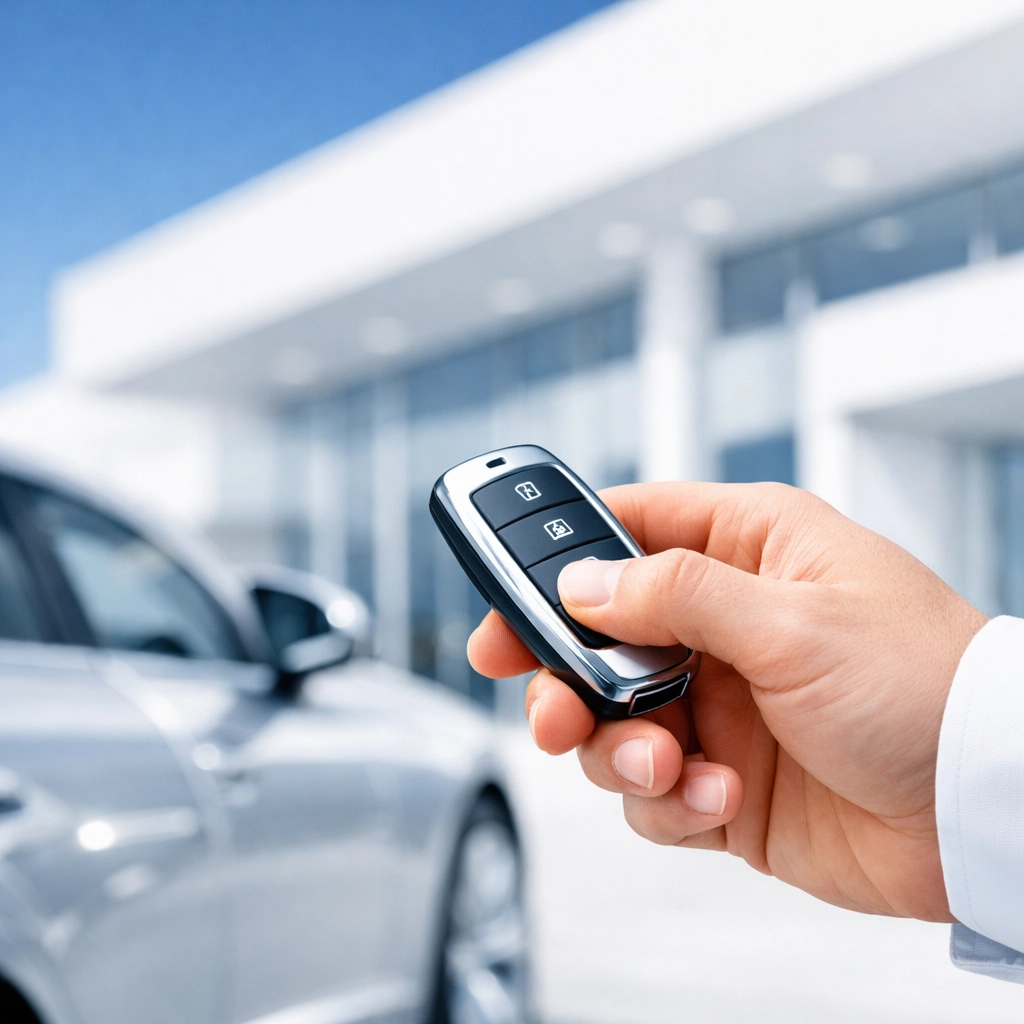 Hand holding a car key fob in front of a modern dealership, highlighting a seamless service experience.
