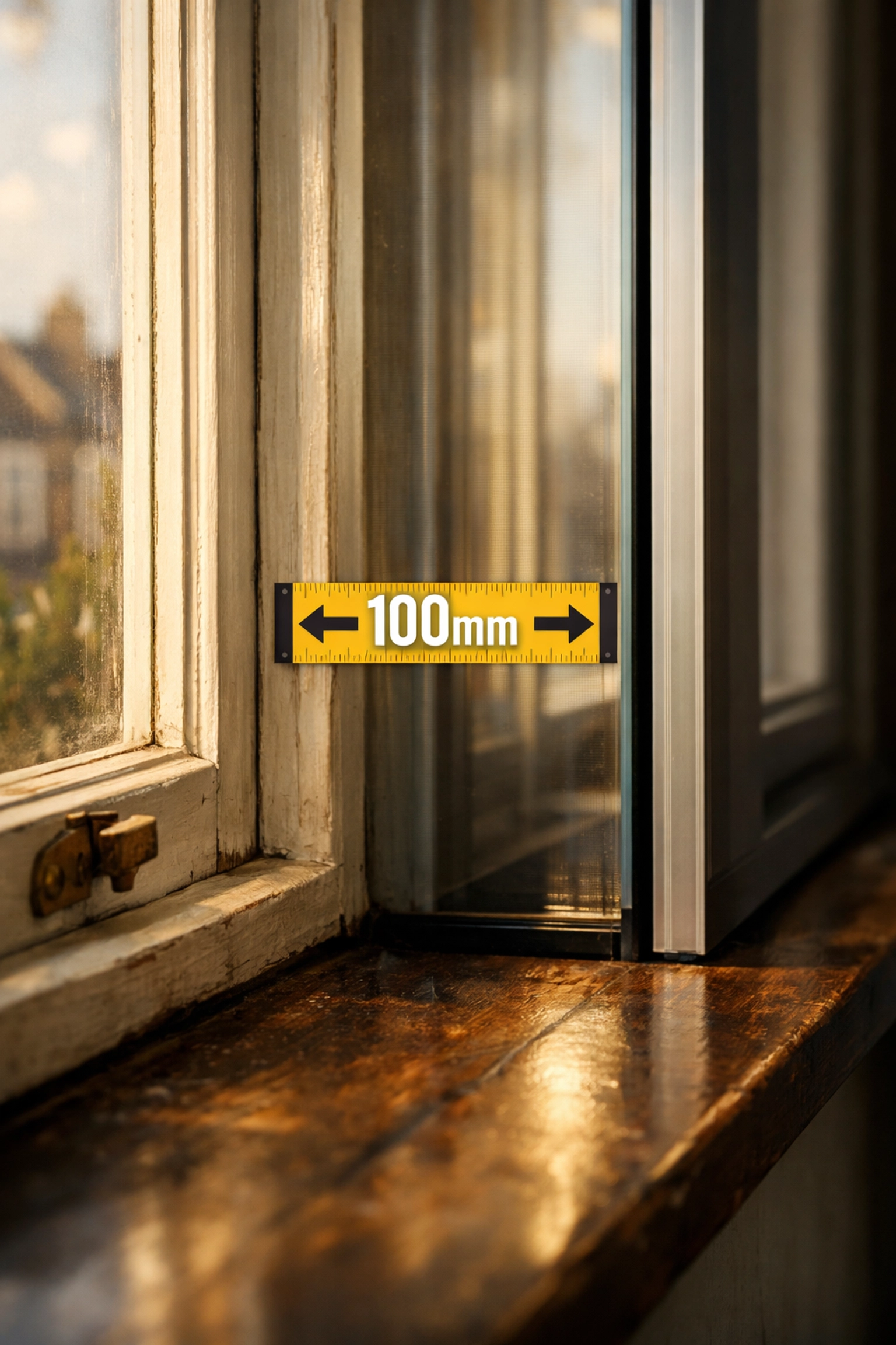 A 100mm air gap between secondary glazing and a sash window creating a soundproof buffer zone.