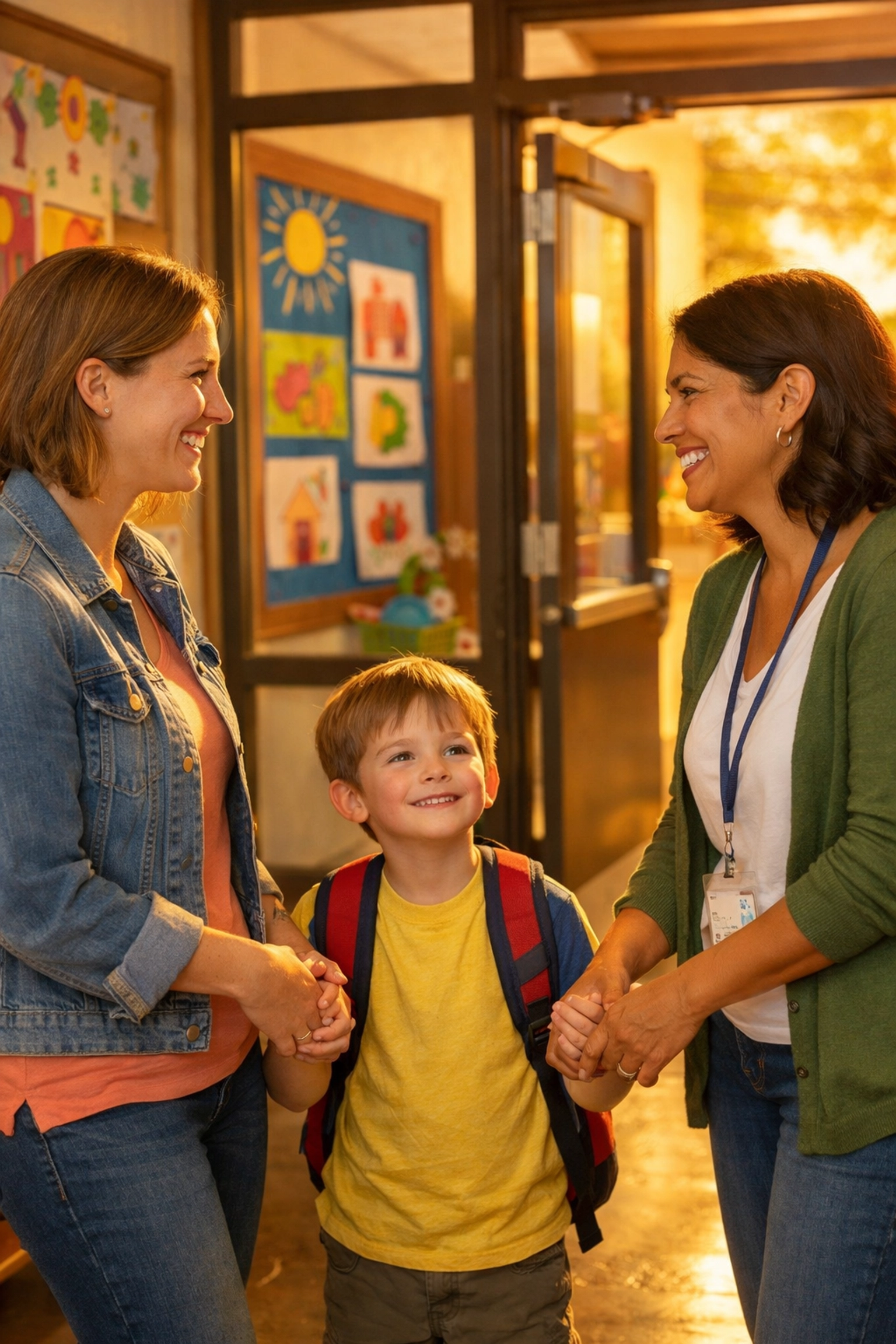 Parent and daycare teacher communicating at pickup time in Rio Grande Valley