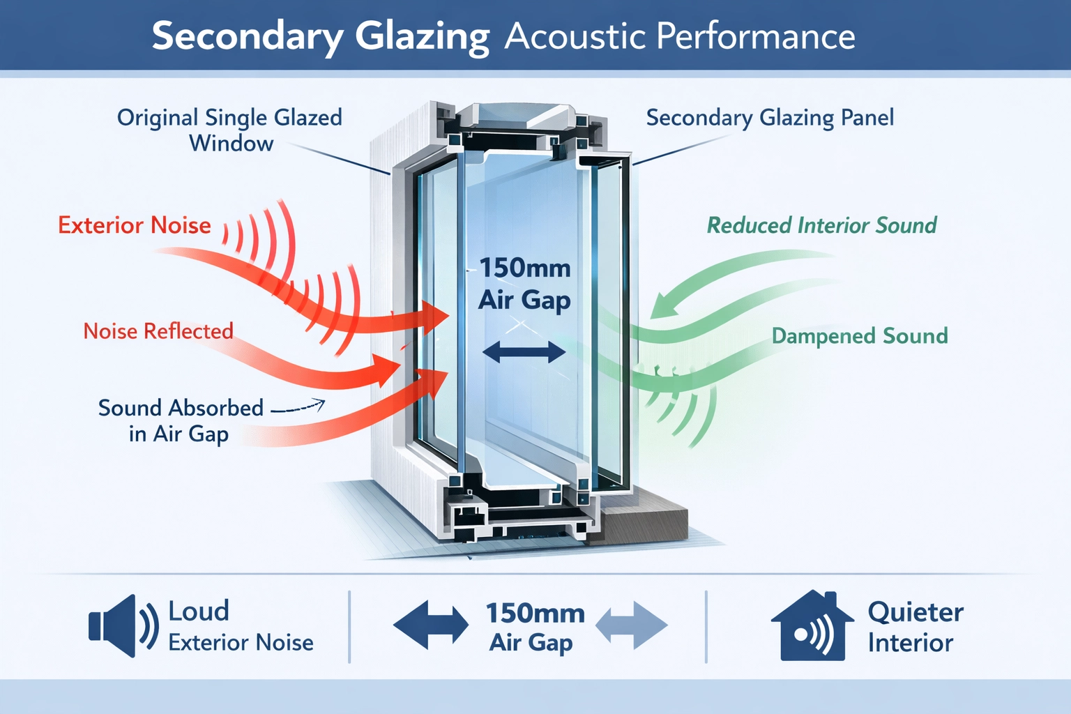 Secondary glazing cavity air gap for soundproofing