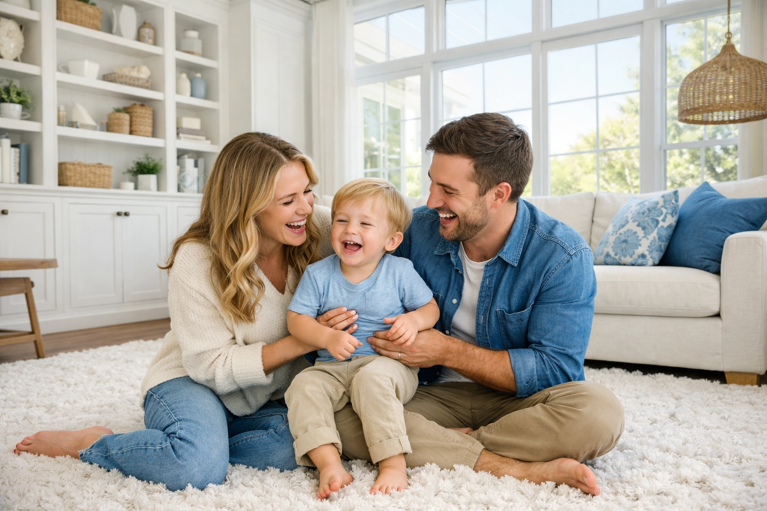 A happy family relaxing in a clean Millbury home thanks to recurring weekly house cleaning services.