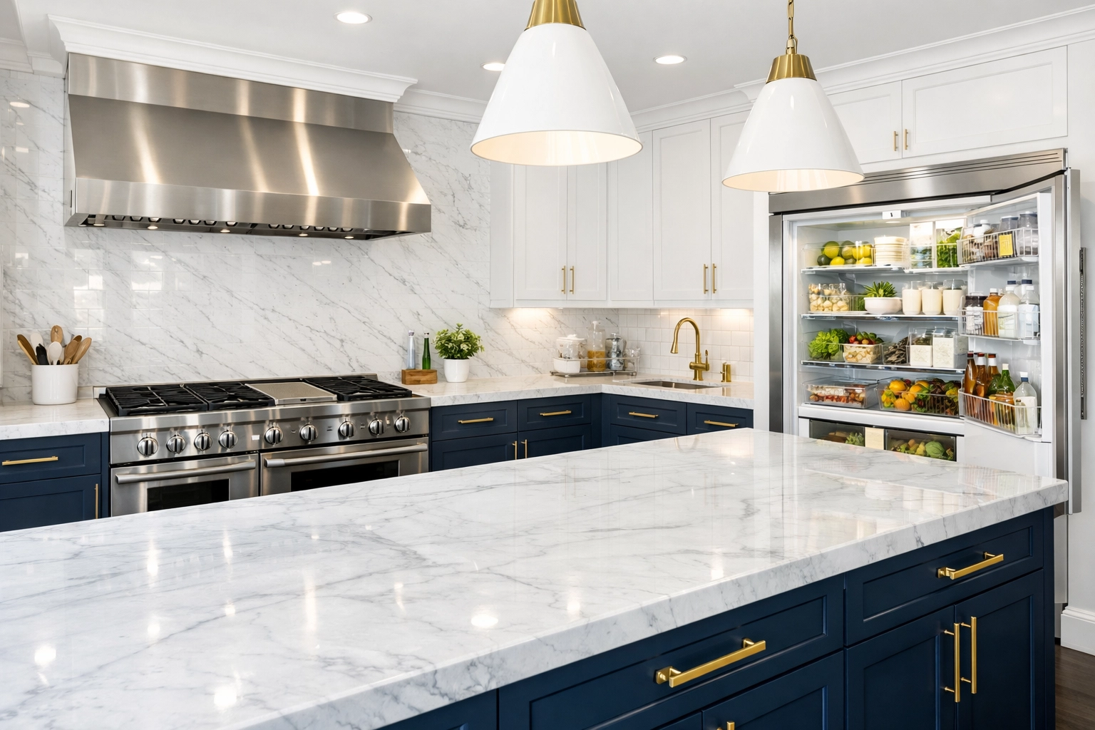 A modern kitchen with marble countertops deep cleaned following a Spring Cleaning Ninja Checklist in Massachusetts.
