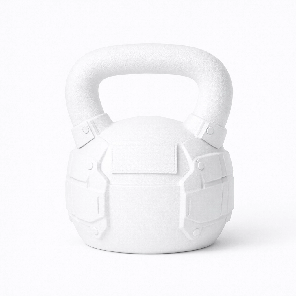 White heavy kettlebell symbol of tactical fitness gear and the sovereign mindset of discipline.