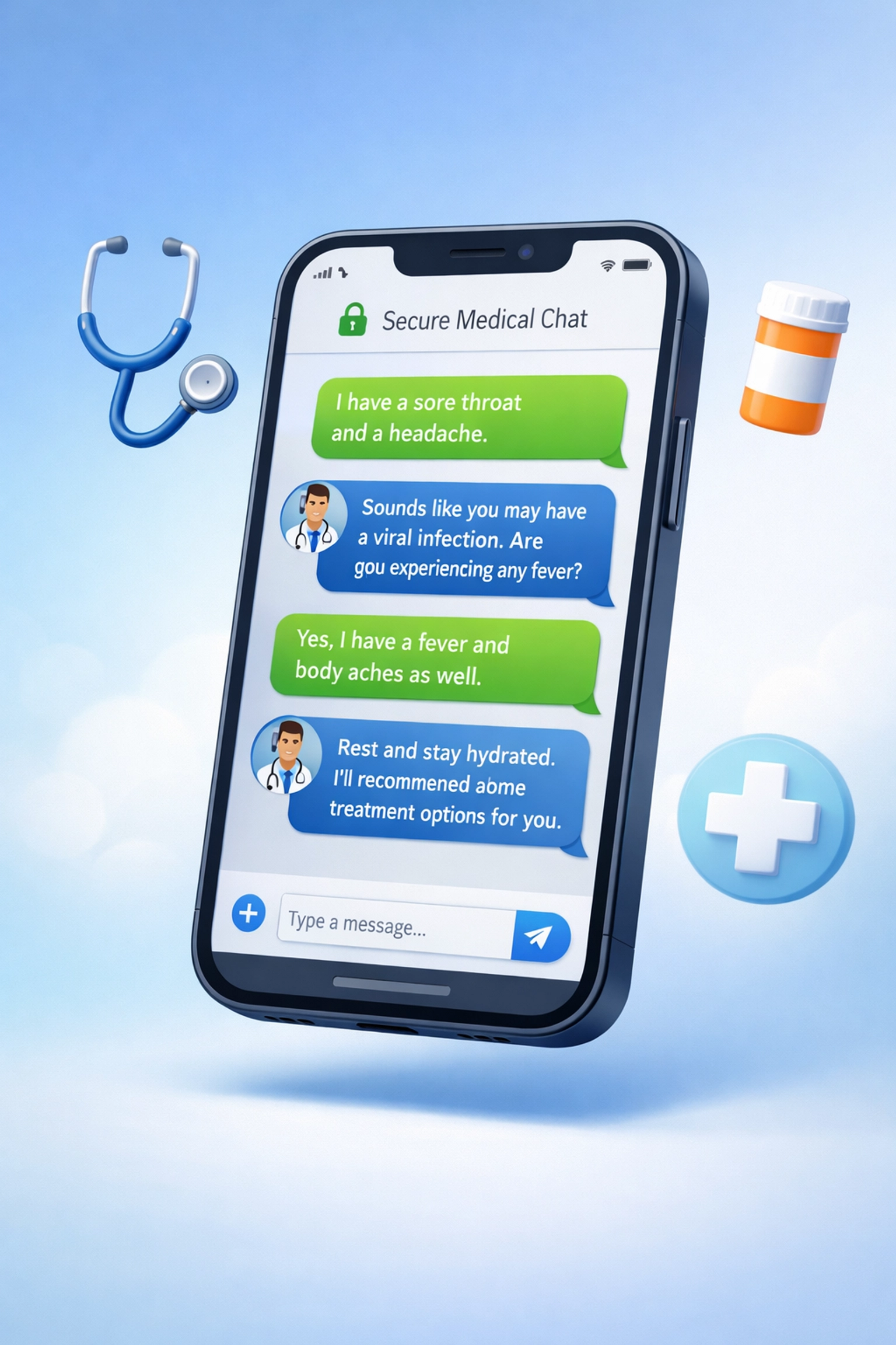 Smartphone displaying online urgent care text consultation with medical icons