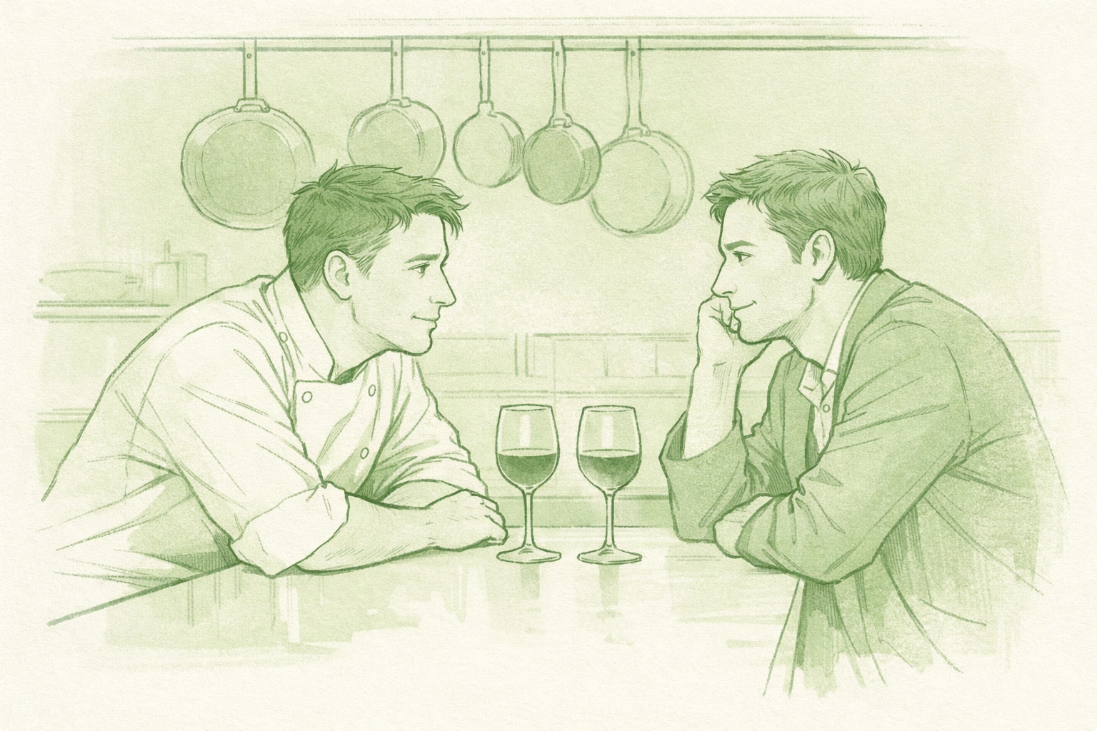 Chef and critic connect over wine in restaurant kitchen after hours - gay romance story