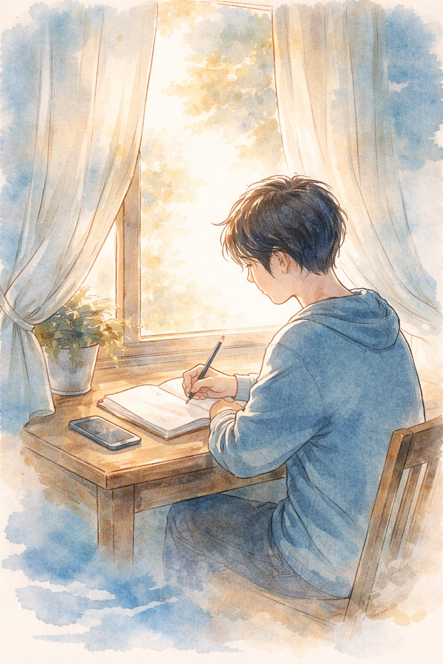 Person journaling at a sunlit desk, reflecting on their faith story with a smartphone nearby for digital sharing
