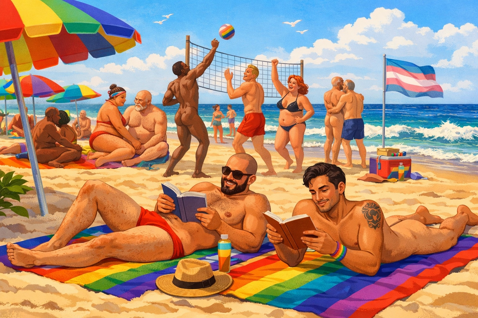LGBTQ+ beachgoers relaxing on rainbow towels at clothing-optional beach