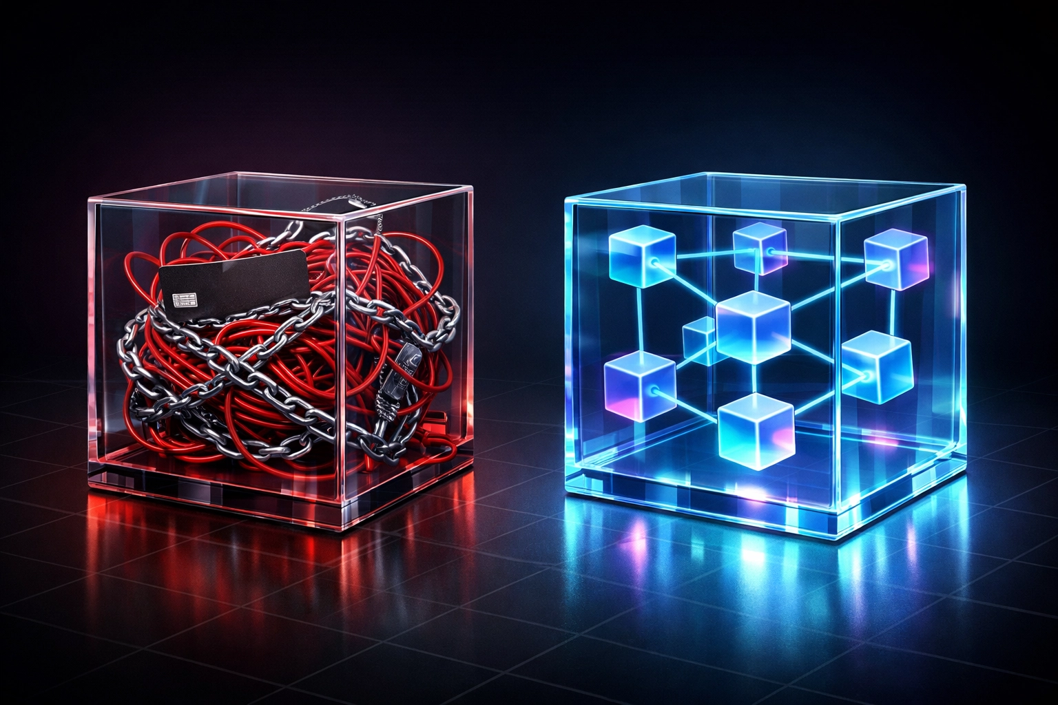 Complex traditional payment processing compared to simple transparent blockchain transaction system