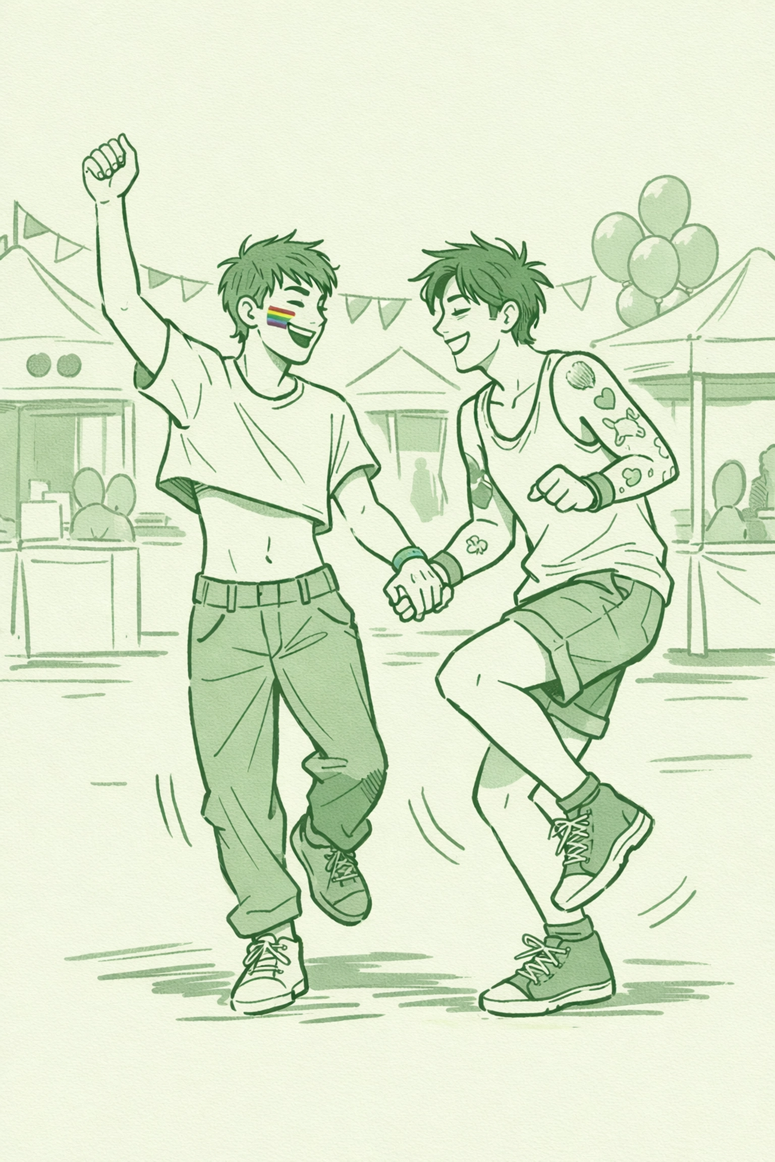 Young gay men celebrating at modern Pride event with rainbow colors and corporate sponsorship