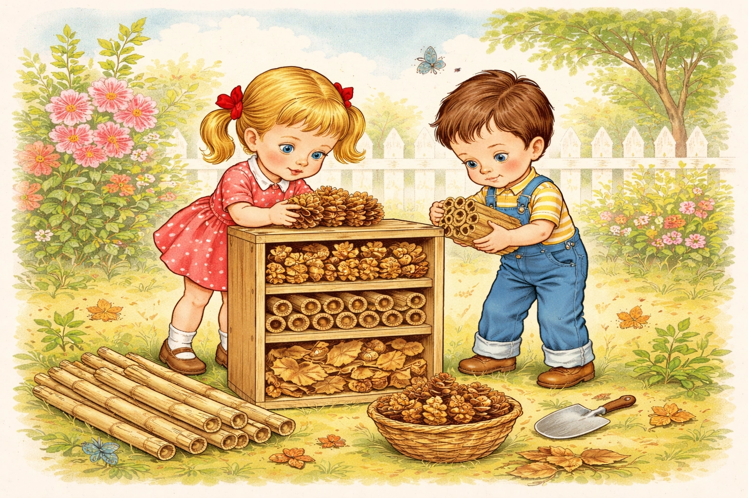 Children building a bug hotel with pine cones and bamboo in garden, step-by-step family DIY project