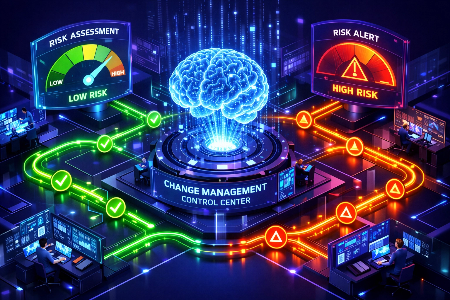 ServiceNow change management control center with automated risk assessment and AI-driven workflow optimization