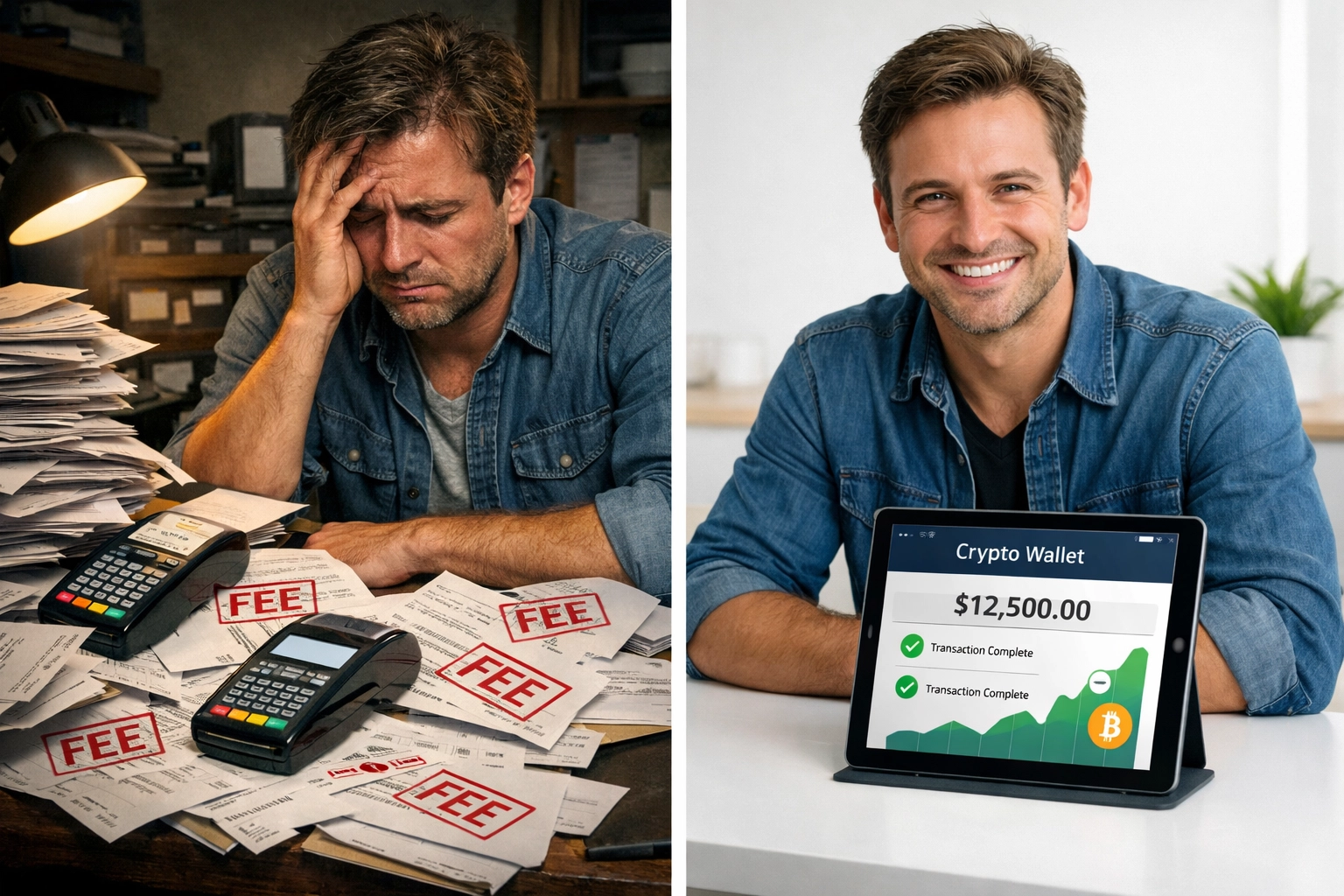 Merchant comparing high traditional payment processing fees versus low-cost crypto payment freedom
