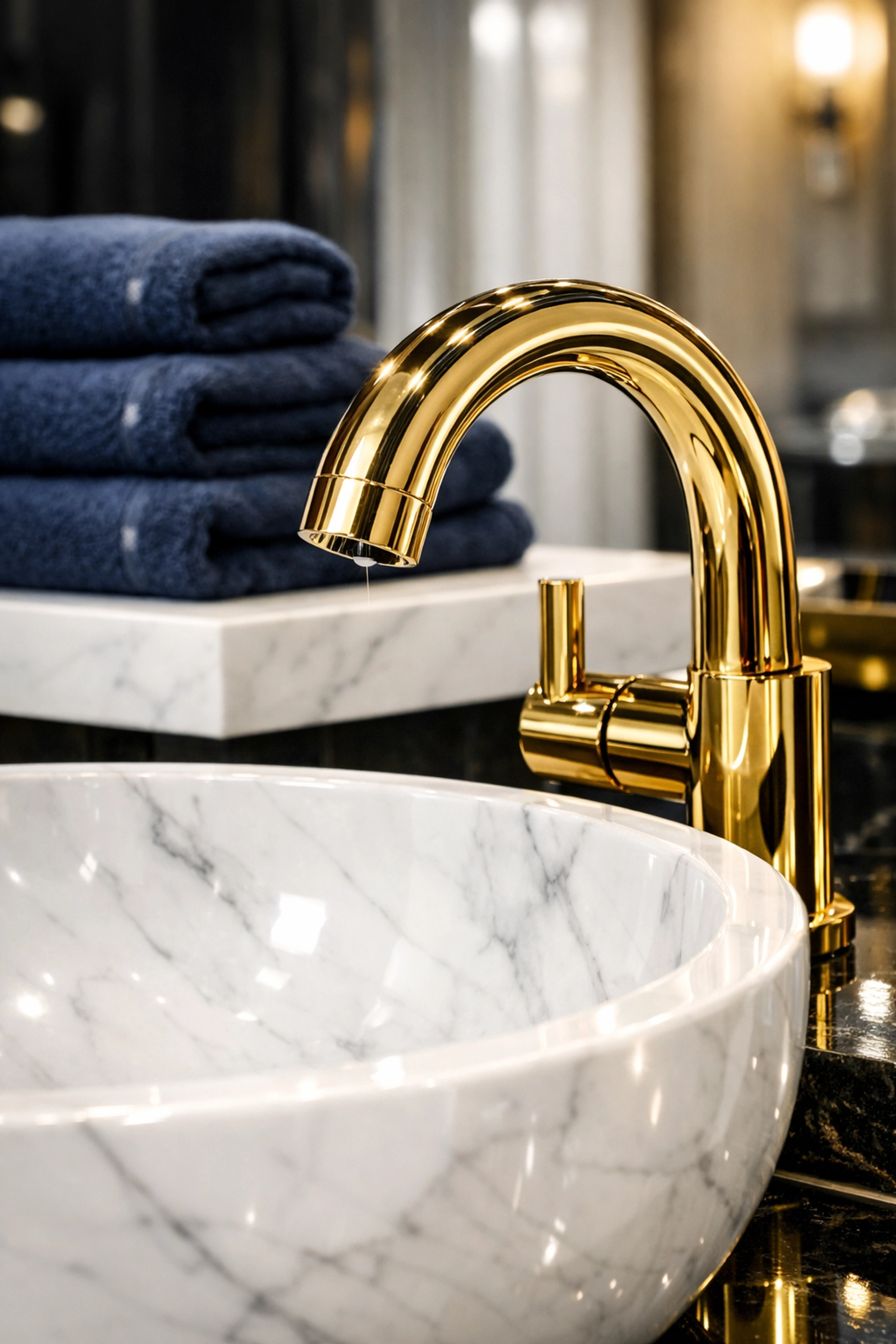 Detailed luxury house cleaning in Lexington featuring a streak-free gold faucet and marble master suite.