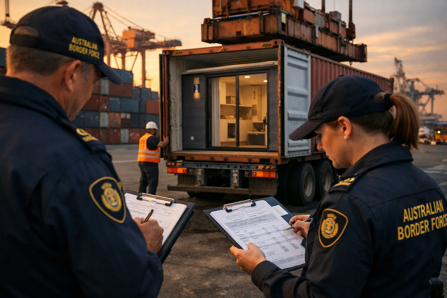 Imported prefab home module being inspected by customs at Australian port for compliance verification