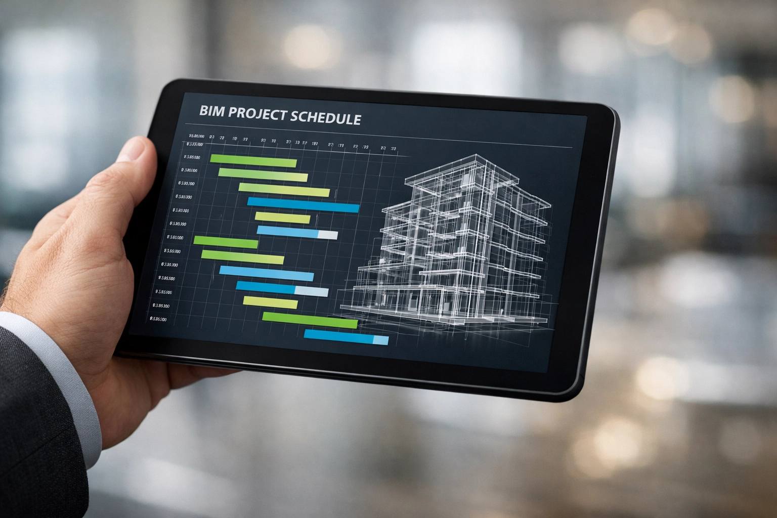 Project manager using digital BIM software to monitor healthcare construction schedules and ROI.