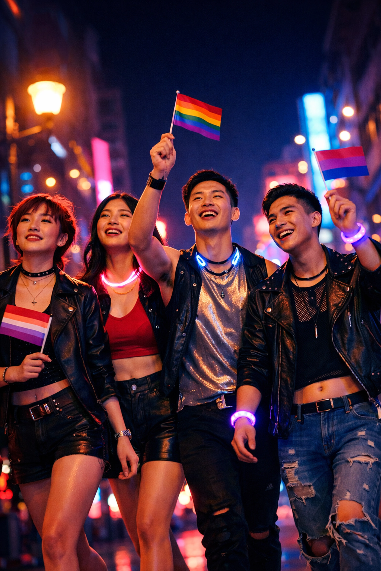 Diverse Asian LGBTQ+ friends celebrating Taipei Pride at night under vibrant neon city lights with pride flags.