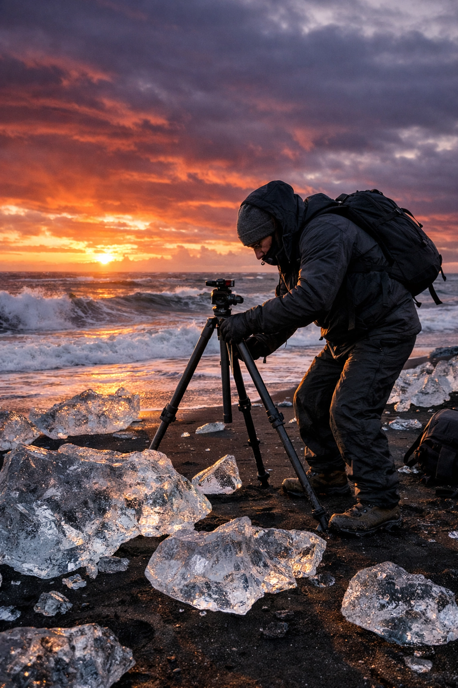 The Proven Photography Travel Guide Framework: Rank #1 for “Best Photography Locations” City by City 4 Professional photographer shooting at Diamond Beach, Iceland, applying expert travel photography tips.
