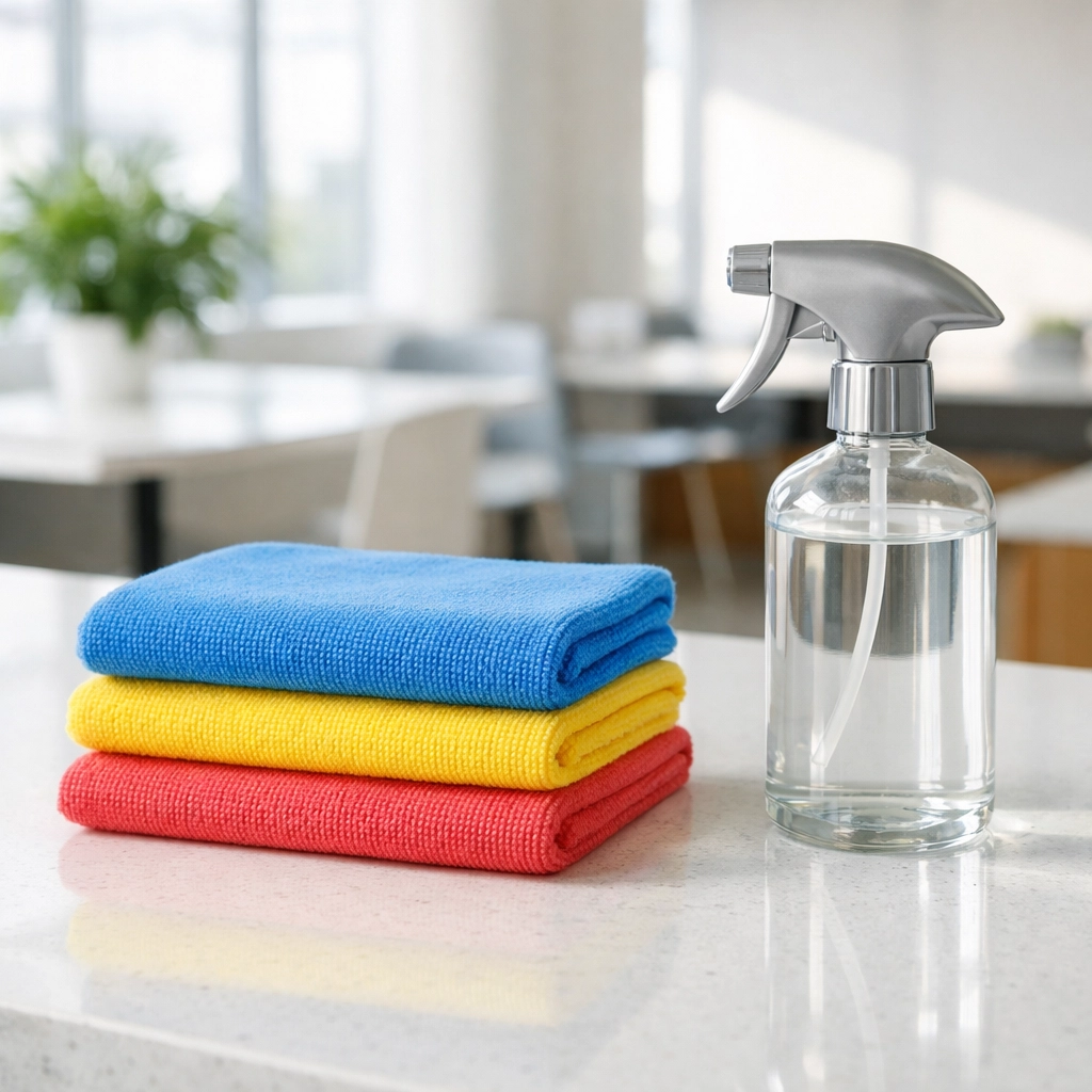 Color-coded microfiber cloths and spray bottle for professional office hygiene and cross-contamination prevention.
