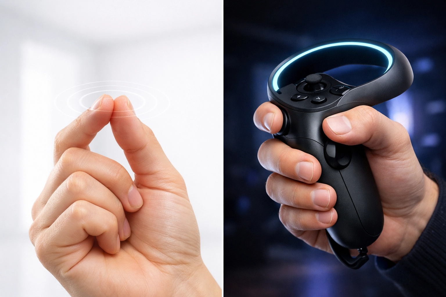 Comparison of hand gesture navigation and physical VR controllers for professional productivity.
